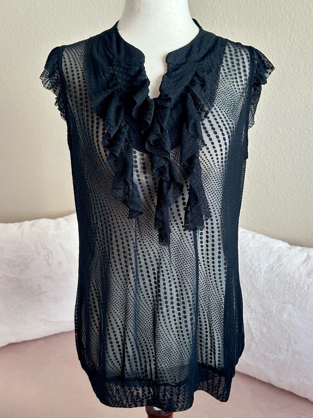 VTG The Limited Blouse Sheer Sleeveless Black Polka Dot Ruffle Front M Top 90s